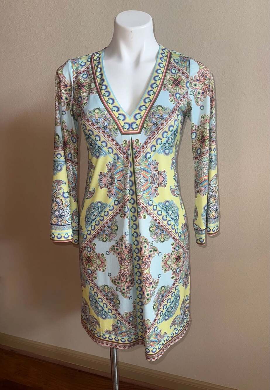 Hale Bob Zariah V-Neck Beaded Mini Dress in Turquoise Yellow